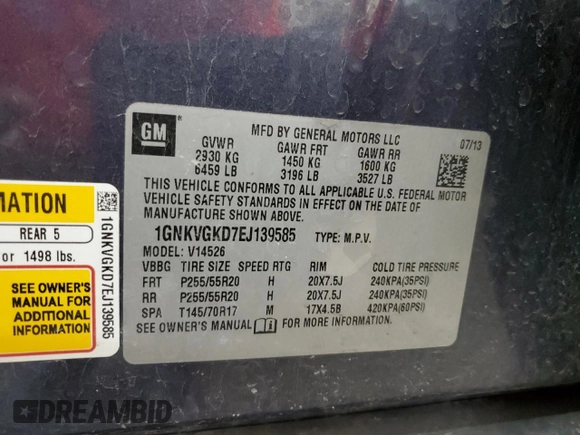 2014 Chevrolet Traverse LT with VIN 1GNKVGKD7EJ139585, listed as a Copart auction lot 49113015 with 142,032 mi miles and Salvage Title. Bid and sale history available at carsss.com. Image 13.