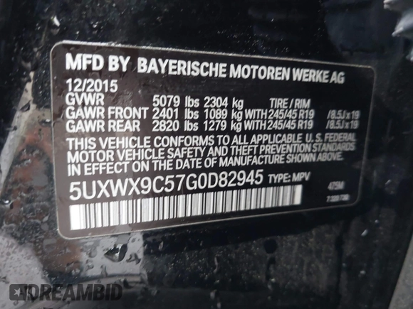 2016 BMW X3 xDrive28i with VIN 5UXWX9C57G0D82945, listed as a IAAI auction lot 41947751 with 88,547 mi miles and . Bid and sale history available at DreamBid. Image 9.