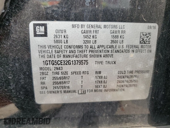 2016 GMC Canyon 2WD SLE with VIN 1GTG5CE32G1379575, listed as a Copart auction lot 56129894 with 77,430 mi miles and Clean Title. Bid and sale history available at carsss.com. Image 12.