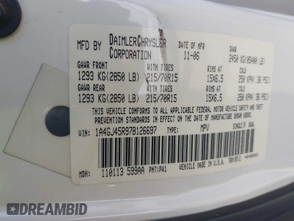 2007 Chrysler Town & Country with VIN 1A4GJ45R97B126697, listed as a IAAI auction lot 42180124 with 186,396 mi miles. Bid and sale history available at carsss.com. Image 9.