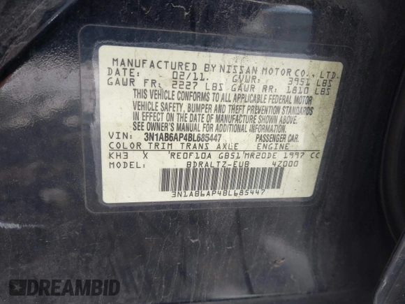 2011 Nissan Sentra 2.0 with VIN 3N1AB6AP4BL685447, listed as a IAAI auction lot 41329868 with 133,400 mi miles and . Bid and sale history available at DreamBid. Image 9.