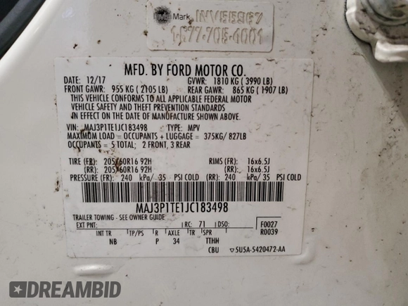 2018 Ford EcoSport SE with VIN MAJ3P1TE1JC183498, listed as a Copart auction lot 54272715 with 79,151 mi miles and Clean Title. Bid and sale history available at DreamBid. Image 14.