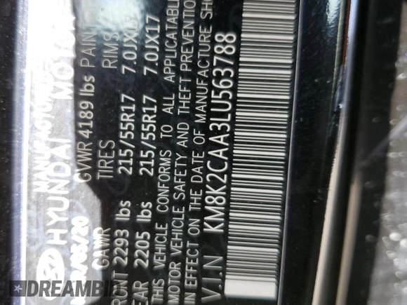 2020 Hyundai Kona SEL with VIN KM8K2CAA3LU563788, listed as a Copart auction lot 45862305 with 60,876 mi miles and Salvage Title. Bid and sale history available at DreamBid. Image 13.