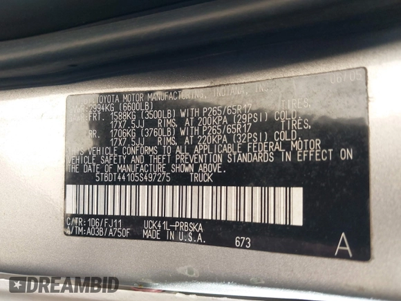 2005 Toyota Tundra SR5 with VIN 5TBDT44105S497275, listed as a IAAI auction lot 41834139 with 337,314 mi miles and . Bid and sale history available at DreamBid. Image 9.
