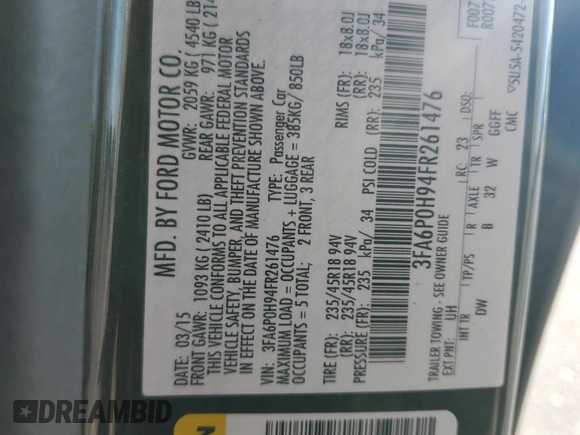 2015 Ford Fusion SE with VIN 3FA6P0H94FR261476, listed as a Copart auction lot 53624105 with 153,128 mi miles and Salvage Title. Bid and sale history available at DreamBid. Image 12.