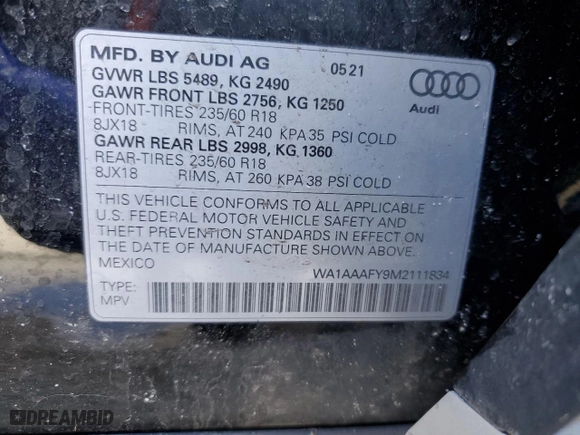 2021 Audi Q5 Premium with VIN WA1AAAFY9M2111834, listed as a Copart auction lot 46977295 with 56,388 mi miles and Salvage Title. Bid and sale history available at carsss.com. Image 15.