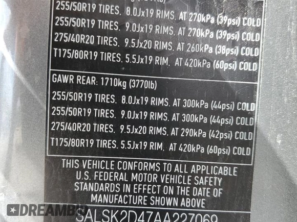 2010 Land Rover Range Rover Sport HSE Lux z VIN SALSK2D47AA227069, wystawiony jako Copart lot #62786285 z przebiegiem 179 674 mil mil oraz Szkoda całkowita • Salvage title. Historia ofert i sprzedaży dostępna na DreamBid. Obrazek 14.