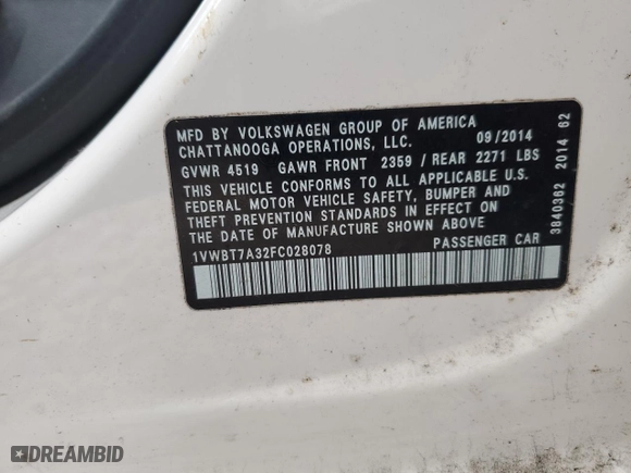 2015 Volkswagen Passat 1.8T Sport with VIN 1VWBT7A32FC028078, listed as a Copart auction lot 85415034 with 120,762 mi miles and Salvage Title. Bid and sale history available at carsss.com. Image 15.
