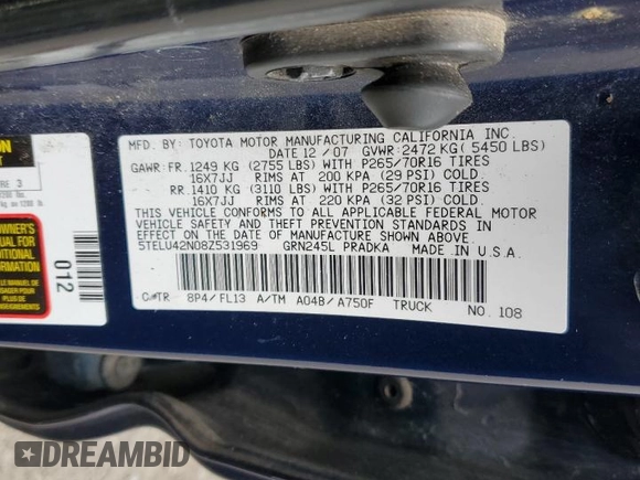 2008 Toyota Tacoma z VIN 5TELU42N08Z531969, wystawiony jako Copart lot #60855305 z przebiegiem 219 926 mil mil oraz Czysty tytuł • Clean title. Historia ofert i sprzedaży dostępna na DreamBid. Obrazek 12.