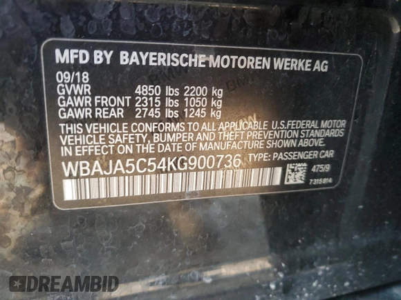 2019 BMW 5 Series 530i z VIN WBAJA5C54KG900736, wystawiony jako Copart lot #52232275 z przebiegiem 112 560 mil mil oraz Czysty tytuł • Clean title. Historia ofert i sprzedaży dostępna na DreamBid. Obrazek 12.