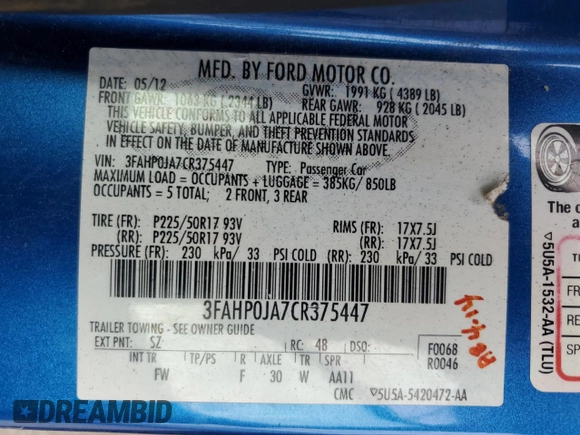 2012 Ford Fusion SEL with VIN 3FAHP0JA7CR375447, listed as a Copart auction lot 54908625 with 160,179 mi miles and Salvage title. Bid and sale history available at DreamBid. Image 13.