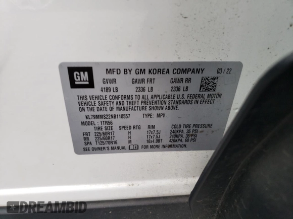 2022 Chevrolet TrailBlazer LS with VIN KL79MMS22NB110557, listed as a Copart auction lot 60530854 with 12,286 mi miles and Salvage Title. Bid and sale history available at DreamBid. Image 13.