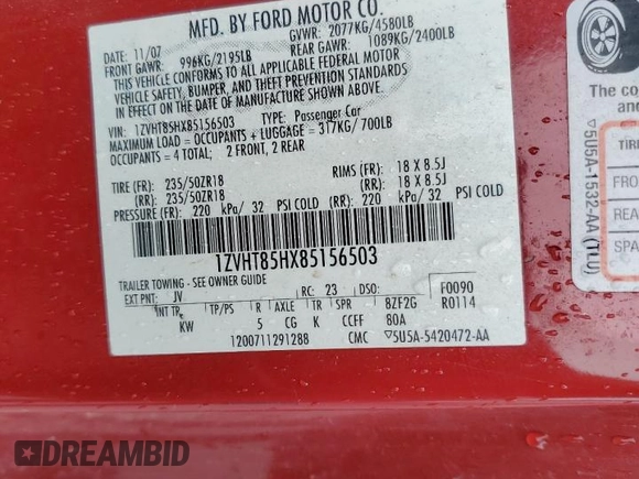 2008 Ford Mustang GT Deluxe z VIN 1ZVHT85HX85156503, wystawiony jako Copart lot #57903735 z przebiegiem 214 751 mil mil oraz Szkody całkowita. Historia ofert i sprzedaży dostępna na DreamBid. Obrazek 12.
