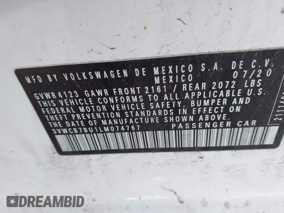2020 Volkswagen Jetta S z VIN 3VWCB7BU1LM074767, wystawiony jako IAAI lot #41775551 z przebiegiem 65 037 mil mil oraz . Historia ofert i sprzedaży dostępna na DreamBid. Obrazek 9.