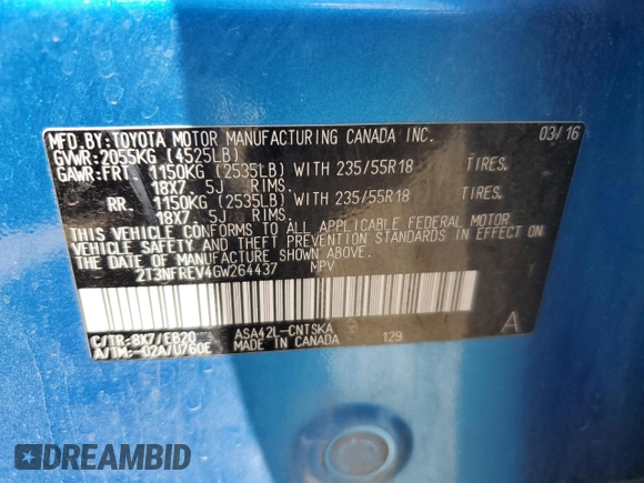 2016 Toyota RAV4 SE with VIN 2T3NFREV4GW264437, listed as a Copart auction lot 58962045 with 110,230 mi miles and Salvage title. Bid and sale history available at DreamBid. Image 14.