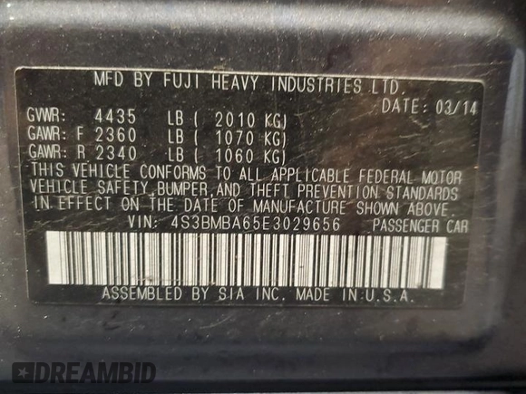 2014 Subaru Legacy 2.5i with VIN 4S3BMBA65E3029656, listed as a Copart auction lot 56973445 with 115,719 mi miles and Salvage title. Bid and sale history available at DreamBid. Image 12.
