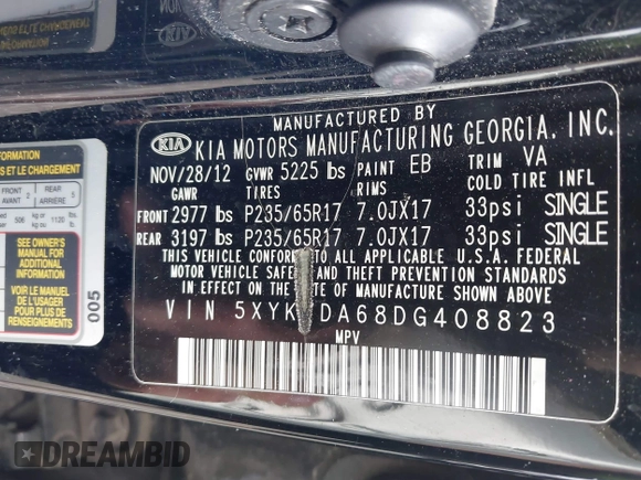 2013 Kia Sorento LX with VIN 5XYKTDA68DG408823, listed as a IAAI auction lot 42554361 with 221,917 mi miles and . Bid and sale history available at DreamBid. Image 9.