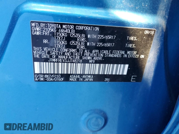 2018 Toyota RAV4 XLE with VIN JTMRFREV3JJ748218, listed as a Copart auction lot 44839665 with 74,791 mi miles and Salvage Title. Bid and sale history available at DreamBid. Image 14.