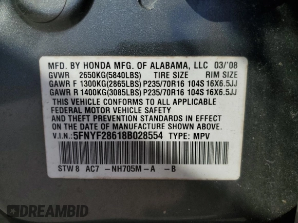 2008 Honda Pilot EX-L z VIN 5FNYF28618B028554, wystawiony jako Copart lot #78627584 z przebiegiem 202 990 mil mil oraz Szkoda całkowita • Salvage title. Historia ofert i sprzedaży dostępna na DreamBid. Obrazek 15.