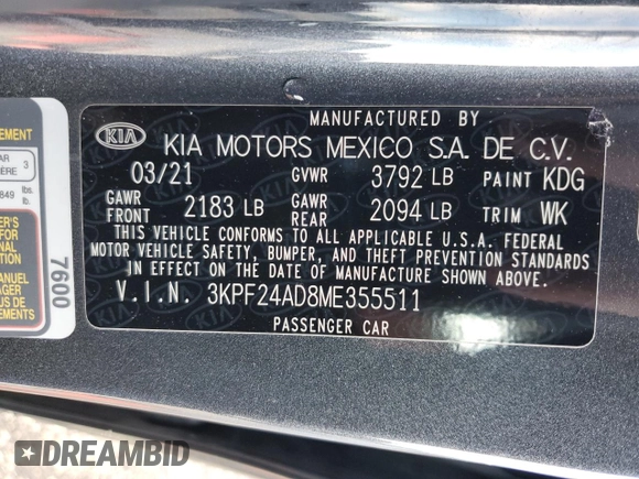 2021 Kia Forte FE с VIN 3KPF24AD8ME355511, выставлен на аукционе Copart как лот 85267924 с пробегом 34 186 миль миль и Списание • Salvage title. История ставок и продаж доступна на DreamBid. Изображение 14.