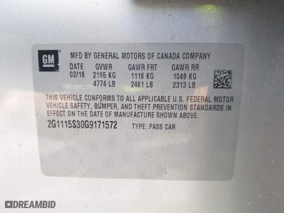 2016 Chevrolet Impala LT with VIN 2G1115S30G9171572, listed as a IAAI auction lot 41898565 with 159,043 mi miles. Bid and sale history available at carsss.com. Image 9.