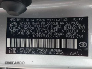 2013 Toyota Prius One with VIN JTDKN3DU0D0337167, listed as a IAAI auction lot 41758118 with 188,298 mi miles. Bid and sale history available at carsss.com. Image 9.