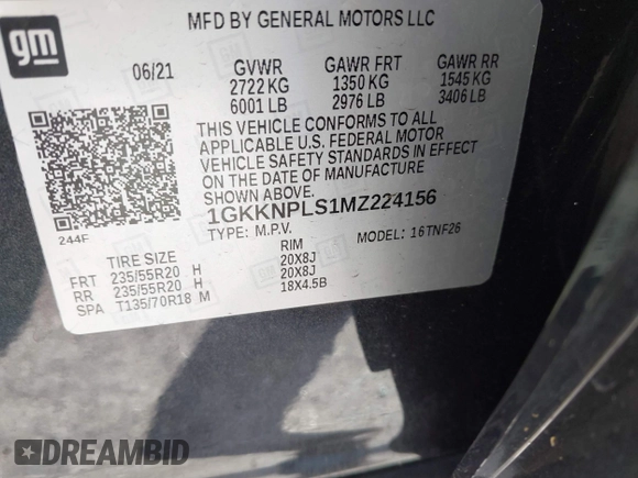 2021 GMC Acadia Denali with VIN 1GKKNPLS1MZ224156, listed as a IAAI auction lot 42105103 with 52,353 mi miles and . Bid and sale history available at carsss.com. Image 9.