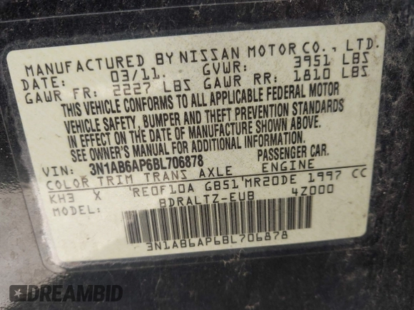 2011 Nissan Sentra SR with VIN 3N1AB6AP6BL706878, listed as a IAAI auction lot 40982931 with Not Provided miles and . Bid and sale history available at DreamBid. Image 9.