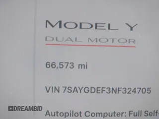 2022 Tesla Model Y Performance with VIN 7SAYGDEF3NF324705, listed as a IAAI auction lot 42076565 with 66,573 mi miles and . Bid and sale history available at carsss.com. Image 7.