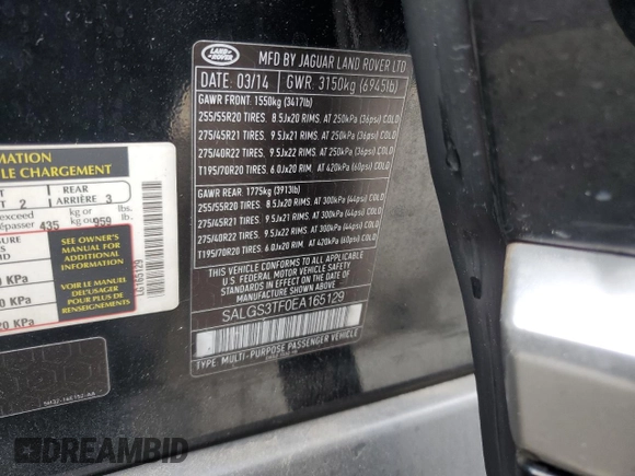 2014 Land Rover Range Rover Supercharged with VIN SALGS3TF0EA165129, listed as a Copart auction lot 50652275 with 121,131 mi miles and Salvage title. Bid and sale history available at DreamBid. Image 13.