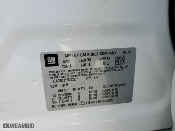 2017 Buick Encore Premium with VIN KL4CJDSB1HB022857, listed as a Copart auction lot 76746504 with 34,180 mi miles and Salvage Title. Bid and sale history available at carsss.com. Image 13.