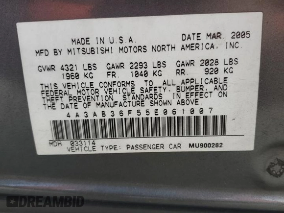 2005 Mitsubishi Galant ES z VIN 4A3AB36F55E061007, wystawiony jako Copart lot #43740945 z przebiegiem 226 181 mil mil oraz Szkoda całkowita • Salvage title. Historia ofert i sprzedaży dostępna na DreamBid. Obrazek 12.