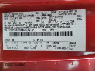 2013 Ford Escape SE with VIN 1FMCU9G93DUC22181, listed as a Copart auction lot 56179705 with 104,663 mi miles and Non repairable. Bid and sale history available at DreamBid. Image 13.