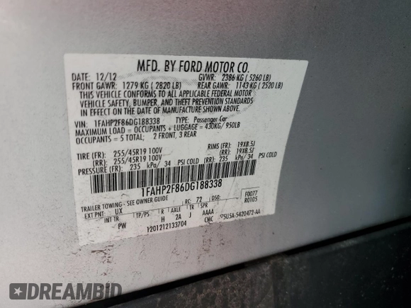 2013 Ford Taurus Limited с VIN 1FAHP2F86DG188338, выставлен на аукционе Copart как лот 58488265 с пробегом 108 433 миль миль и Чистый • Clean title. История ставок и продаж доступна на DreamBid. Изображение 12.
