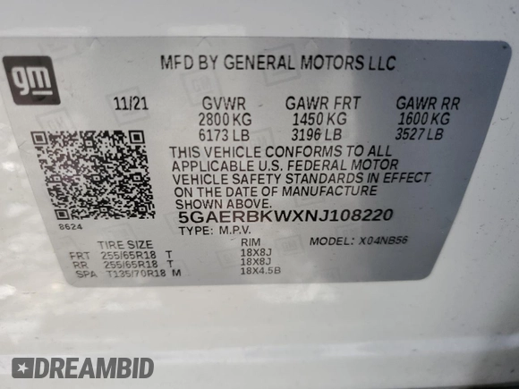 2022 Buick Enclave Essence with VIN 5GAERBKWXNJ108220, listed as a Copart auction lot 48430925 with 63,633 mi miles and Salvage Title. Bid and sale history available at carsss.com. Image 14.