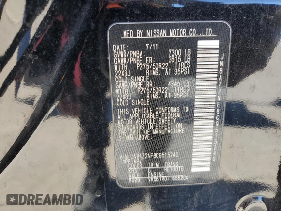 2012 Infiniti QX56 7-passenger with VIN JN8AZ2NF8C9515240, listed as a Copart auction lot 80625364 with 106,945 mi miles and Clean Title. Bid and sale history available at carsss.com. Image 13.