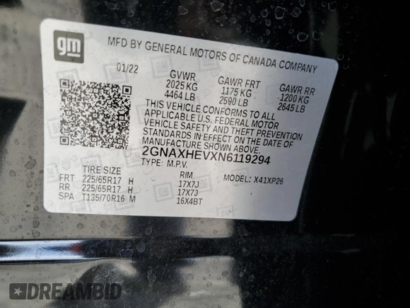 2022 Chevrolet Equinox LS with VIN 2GNAXHEVXN6119294, listed as a Copart auction lot 51956075 with 34,320 mi miles and Salvage title. Bid and sale history available at DreamBid. Image 15.