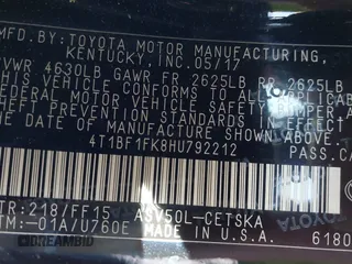 2017 Toyota Camry XLE with VIN 4T1BF1FK8HU792212, listed as a IAAI auction lot 41816216 with 151,036 mi miles. Bid and sale history available at carsss.com. Image 8.