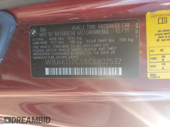 2012 BMW 3 Series 335i with VIN WBAKG7C58CE802532, listed as a Copart auction lot 43740995 with 114,596 mi miles and Clean Title. Bid and sale history available at carsss.com. Image 12.