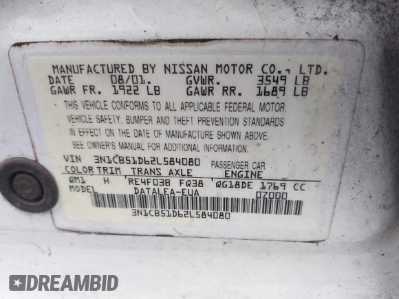 2002 Nissan Sentra GXE с VIN 3N1CB51D62L584080, выставлен на аукционе IAAI как лот 42138272 с пробегом 109 954 миль миль и . История ставок и продаж доступна на DreamBid. Изображение 9.
