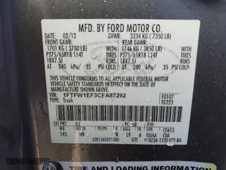 2012 Ford F-150 XL with VIN 1FTFW1EF3CFA87292, listed as a IAAI auction lot 41196795 with 151,324 mi miles. Bid and sale history available at carsss.com. Image 9.