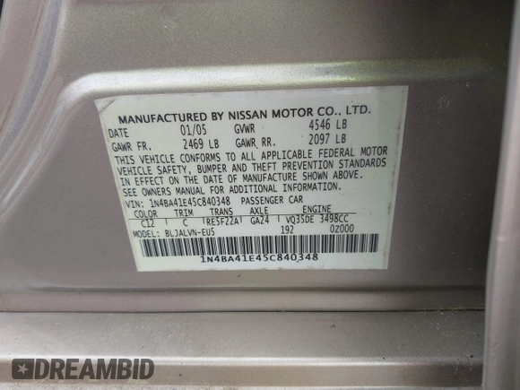 2005 Nissan Maxima SL with VIN 1N4BA41E45C840348, listed as a IAAI auction lot 42038531 with 89,788 mi miles and . Bid and sale history available at DreamBid. Image 9.