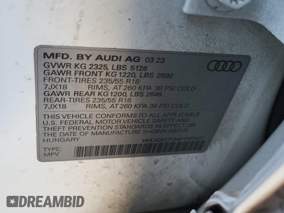 2023 Audi Q3 S line Premium with VIN WA1DECF34P1107427, listed as a IAAI auction lot 42845142 with 43,670 mi miles and . Bid and sale history available at DreamBid. Image 30.