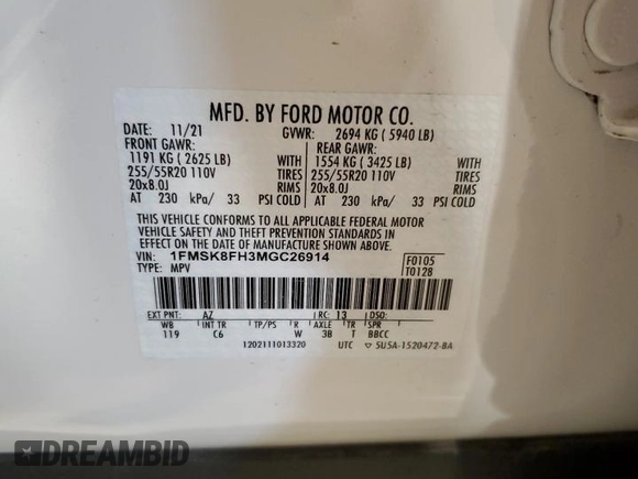2021 Ford Explorer Limited с VIN 1FMSK8FH3MGC26914, выставлен на аукционе Copart как лот 63374975 с пробегом 22 427 миль миль и Списание • Salvage title. История ставок и продаж доступна на DreamBid. Изображение 13.