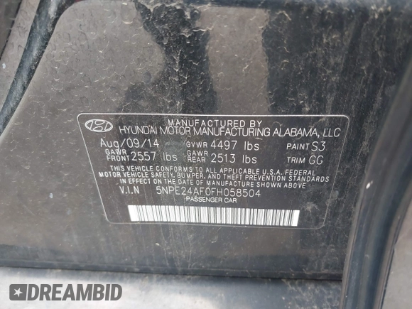2015 Hyundai Sonata SE z VIN 5NPE24AF0FH058504, wystawiony jako IAAI lot #42354602 z przebiegiem 194 470 mil mil oraz . Historia ofert i sprzedaży dostępna na DreamBid. Obrazek 9.