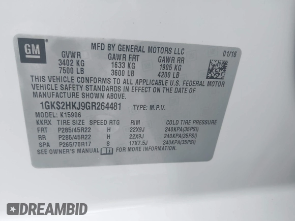 2016 GMC Yukon XL Denali with VIN 1GKS2HKJ9GR264481, listed as a IAAI auction lot 41764272 with 114,852 mi miles. Bid and sale history available at carsss.com. Image 9.