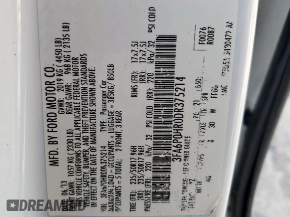 2013 Ford Fusion SE with VIN 3FA6P0HR0DR375214, listed as a Copart auction lot 61873775 with 168,940 mi miles and Clean title. Bid and sale history available at DreamBid. Image 13.