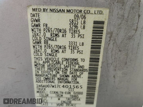 2007 Nissan Frontier Nismo with VIN 1N6AD07W17C401565, listed as a Copart auction lot 64868285 with 201,327 mi miles and Clean title. Bid and sale history available at DreamBid. Image 12.