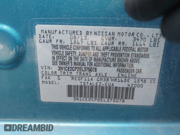 2014 Nissan Note S Plus with VIN 3N1CE2CP2EL375078, listed as a IAAI auction lot 42712747 with 83,020 mi miles and . Bid and sale history available at DreamBid. Image 9.