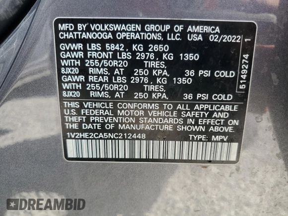 2022 Volkswagen Atlas SE with VIN 1V2HE2CA5NC212448, listed as a Copart auction lot 60375345 with 84,919 mi miles and Salvage title. Bid and sale history available at DreamBid. Image 13.